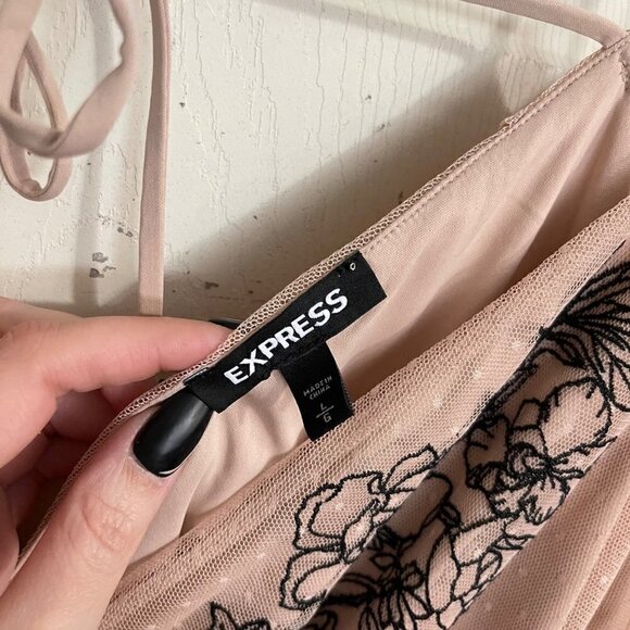 Express Womens Beige Floral Embroidered Mesh Layered Cold Shoulder Blouse Large - Picture 2 of 7